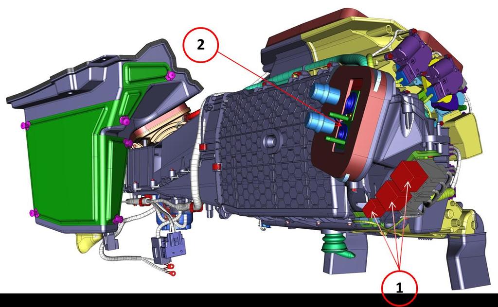 PTC 7 - Attuatore miscelazione aria Dx 4 - Sensori temperatura distribuzione aria Sx Legenda: 1 Relè di