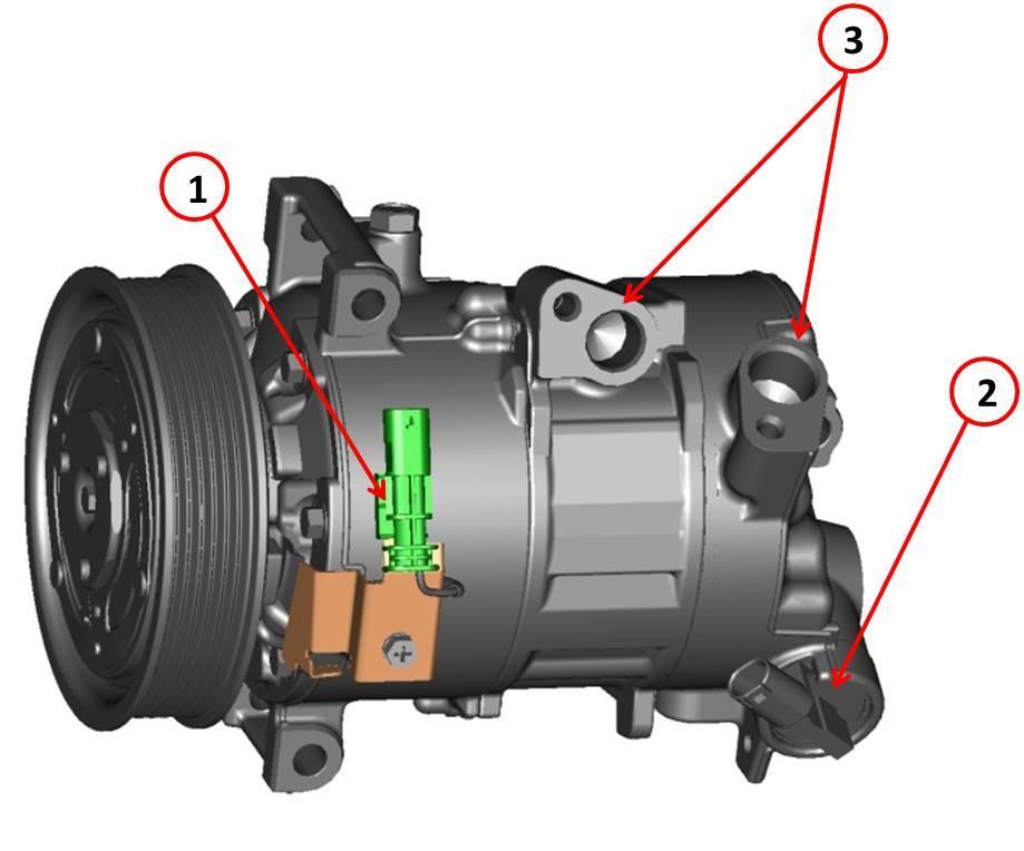 Compressore Legenda 1. Connettore per elettro frizione 2. Valvola ECVD 3.