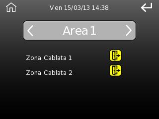 1 2 1. Area selezionata (premendo le frecce è possibile cambiare area). 2. Elenco zone. IMPORTANTE: nelle zone aperte sono incluse le zone in allarme ed in sabotaggio.