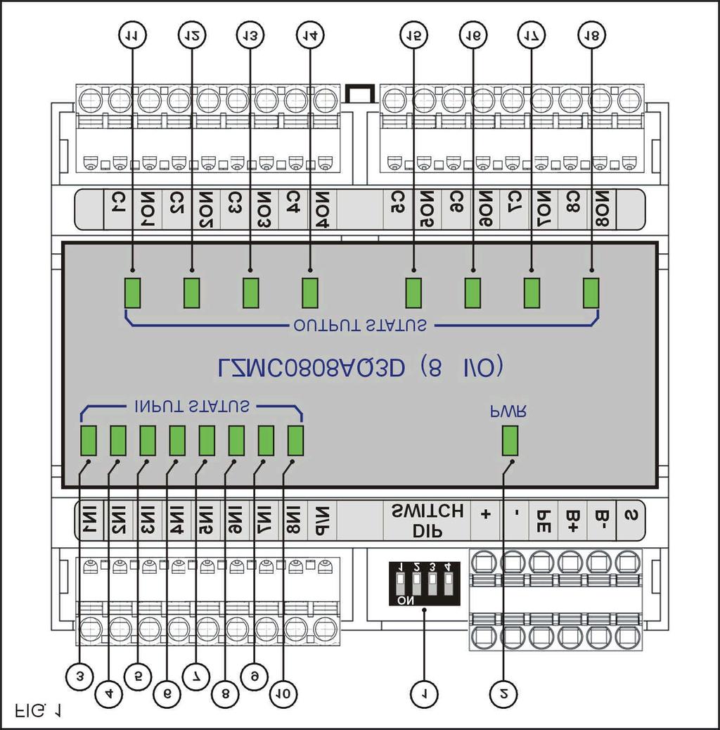 4.3 VISTA FRONTALE 1 = Dip-switch per la programmazione del dispositivo 2 = led verde PWR: indica le presenza di tensione di alimentazione 3 = led verde: indica l acquisizione dell ingresso 1 4 = led
