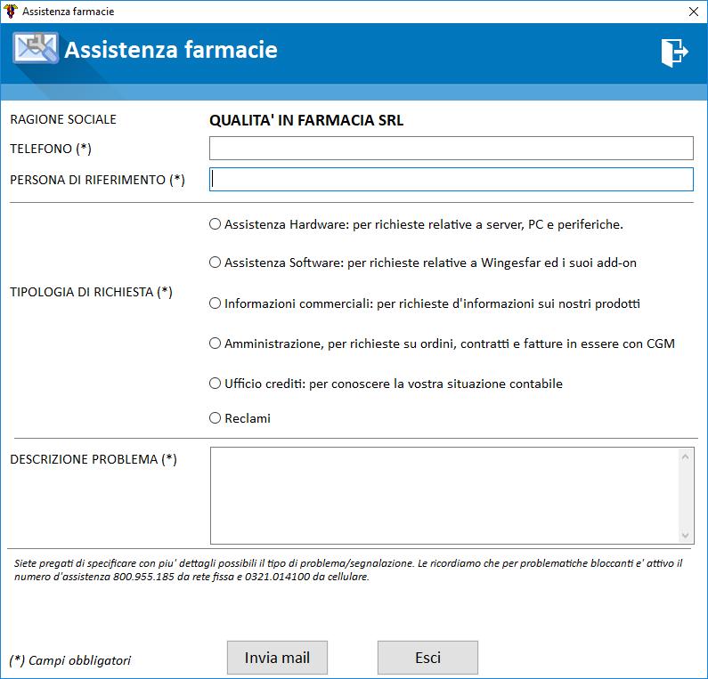 Altre Novità Mail richiesta Assistenza Viene introdotta la possibilità di inviare una mail di richiesta assistenza Nell'area in alto a destra del menu principale di Wingesfar è