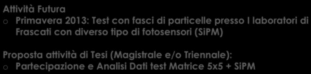 2 2 1 0 0 100 200 300 400 500 600 700 800 900 1000 E [MeV] Attività Futura o Primavera 2013: Test con fasci di particelle presso I laboratori di