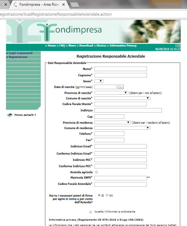 Con un clic su Completa Registrazione si apre la scheda per inserire i dati del Responsabile Aziendale; dopo aver