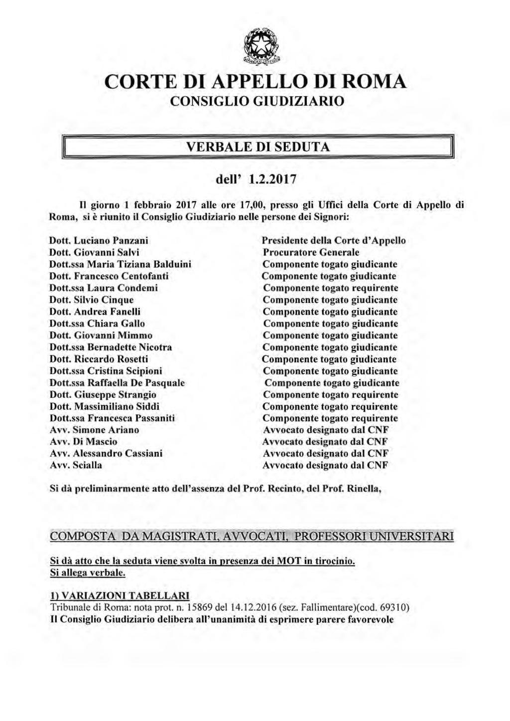 CORTE DI APPELLO DI ROMA CONSIGLIO GIUDIZIARIO Il VERBALE DI SEDUTA dell' 1.2.