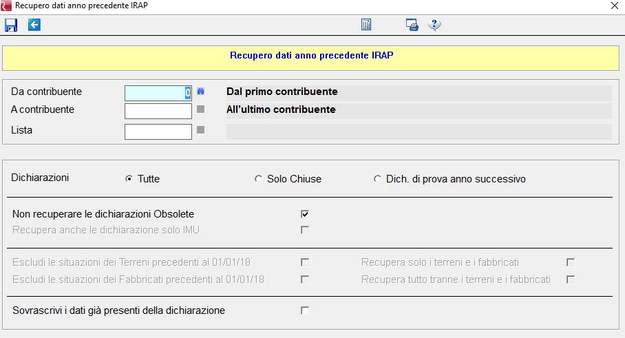 Recuperare anche le dichiarazioni che sono presenti solo ai fini IMU Non recuperare le situazioni dei Terreni precedenti al 01/01/18 Non recuperare le situazioni dei Fabbricati precedenti al 01/01/18