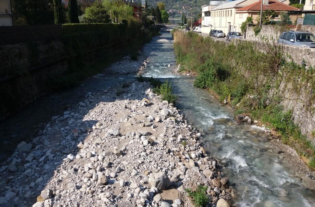 Arrivati sul ponte in via ai Mulini, abbiamo osservato che il torrente si divide in due parti dove si vedono bene la riva di destra