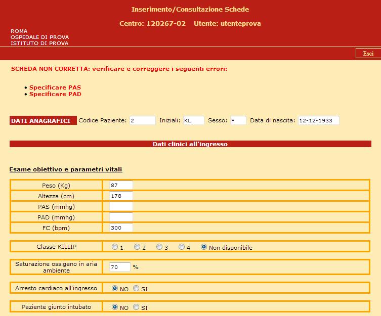 Figura 1 (Controlli di completezza e congruenza) Se la sezione è corretta verrà presentata una nuova pagina con i pulsanti Salva Sezione, per l effettivo salvataggio dei dati, e Torna Indietro, per