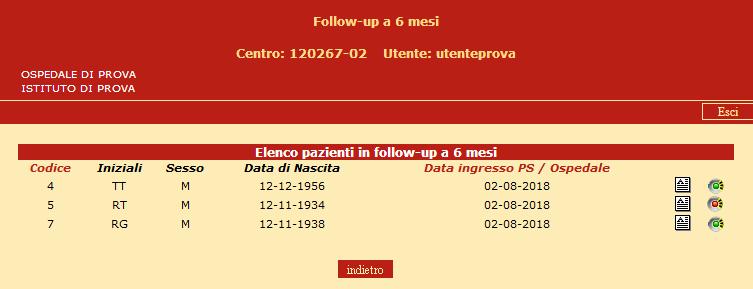 FOLLOW-UP A 6 MESI (dalla dimissione dal ricovero indice) Il pulsante Follow-up a 6 mesi del menu principale porta ad un elenco di tutti i pazienti arruolati, con scheda basale completa e stato alla