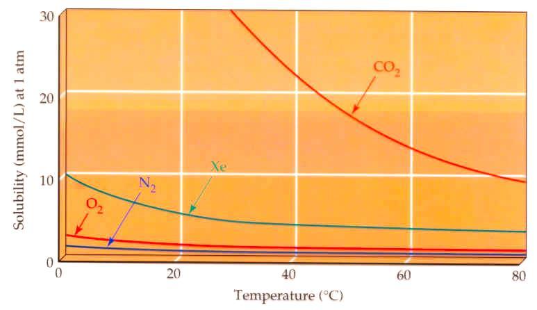 La solubilita dei gas in acqua di solito diminuisce con la temperatura In altri solventi puo anche aumentare Solubilita