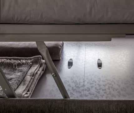 Compact bed with Peak feet in metal, dusty grey colour.