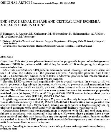 La rivascolarizzazione nei pazienti con CLI ed insufficienza renale in dialisi è associata ad un favorevole salvataggio d arto.