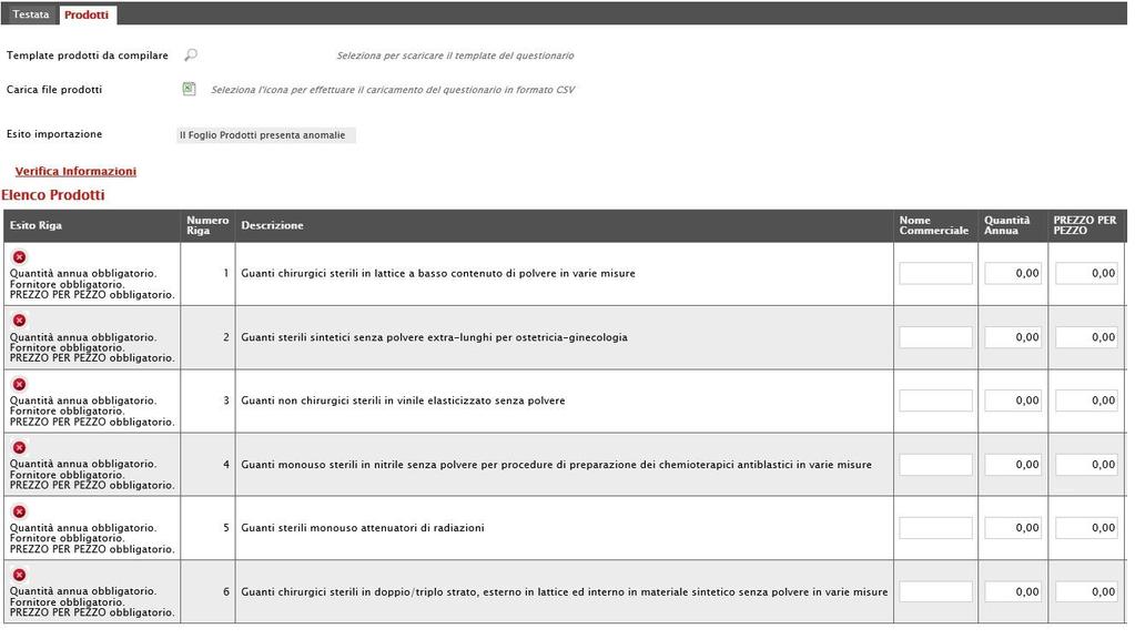 Informazione: il foglio Prodotti presenta anomalie e in corrispondenza della riga errata di ciascun articolo apparirà l icona.