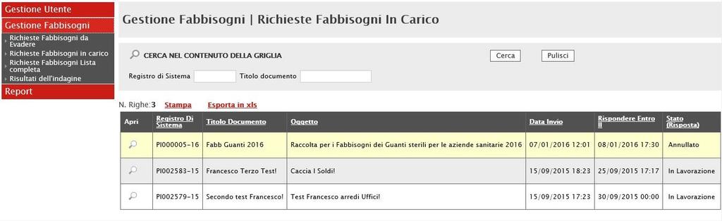 Per prendere in carico una specifica richiesta fabbisogni, fare click sul comando Prendi in carico presente nella toolbar della schermata Gestione Fabbisogni Richieste Fabbisogni da evadere (vedi fig.