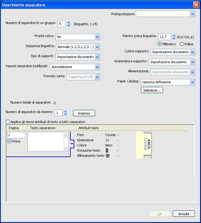 COMMAND WORKSTATION 25 Inserimento separatore La funzione Inserimento separatore consente di inserire automaticamente i separatori in un lavoro.