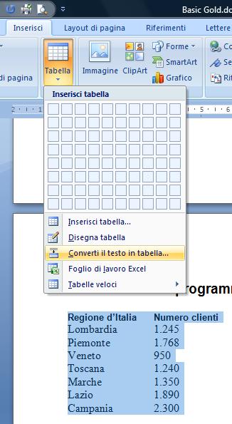 24 AM3 Elaborazione testi livello avanzato - Selezionare il testo da convertire in tabella. - Attivare il comando Tabella > Converti il testo in tabella, nella scheda Inserisci.