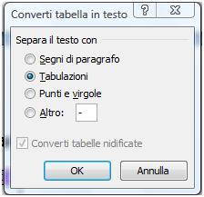 - Selezionare la tabella da convertire in testo. - Selezionare il comando da menu Tabella > Converti > Tabella in testo.