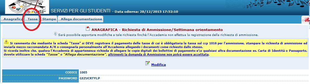 4. INSERIMENTO DELLE TASSE NEL PROGRAMMA Si passa poi all'inserimento delle TASSE nel programma, cosicché sulla stampa risulti anche un prospetto delle tasse pagate senza le quali l Accademia non