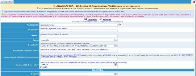 programma messo a disposizione da ISIDATA Srl, nasce per i Conservatori, perciò vi indichiamo qui di seguito solo ciò che è obbligatorio compilare: la Password sarà calcolata automaticamente