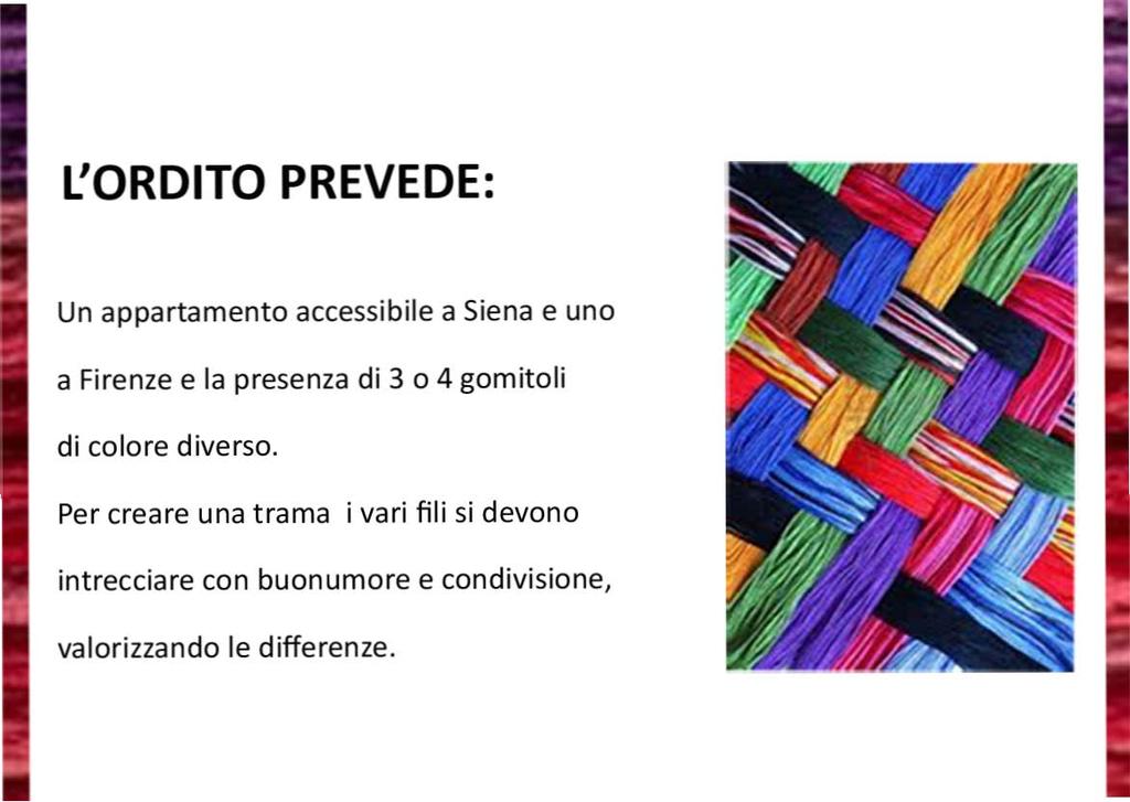 L'ORDITO PREVEDE: Un appartamento accessibile a Siena e uno a Firenze e la presenza di 3 o 4 gomitoli di colore