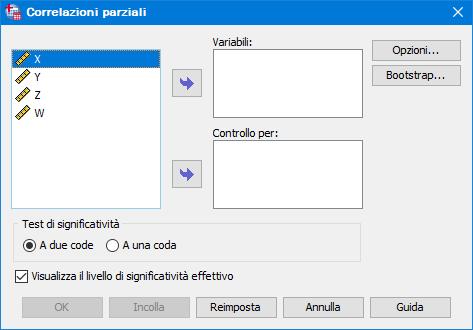 Correlazione parziale in SPSS Analizza Correlazione Parziale Nel riquadro Variabili inserire almeno due nomi di variabile Nel riquadro Controllo per inserire le variabili di cui si vuole eliminare