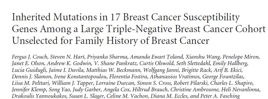 BRCA1, BRCA2, PALB2, BARD1, BRIP1, RAD51C, RAD51D, RAD50, NBN, MRE11A, XRCC2, ATM, CHEK2, TP53, PTEN, STK11, and CDH1 1824 TNBC patients unselected for family history of cancer from 11 clinical