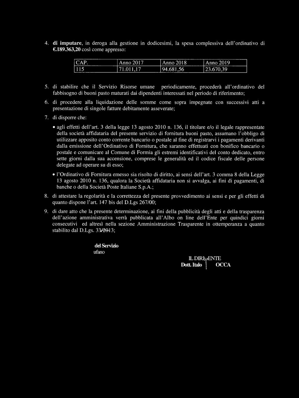 di procedere alla liquidazione delle somme come sopra impegnate con successivi atti a presentazione di singole fatture debitam ente asseverate; 7. di disporre che: agli effetti dell art.