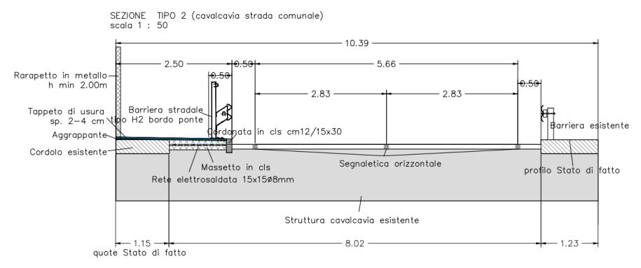 Nella parte della rampa si prevede il restringimento della carreggiata a 5,70 m, con la presenza di una banchina di larghezza pari a 0,50 m da ambo le parti (totale pertinenza stradale: 6,70 m).