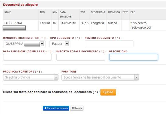 Cliccare per scegliere il documento da allegare Cliccare per abbinare la scansione ai dati della pratica appena inseriti Cliccare in caso di errore di caricamento Al termine, in testa a questa