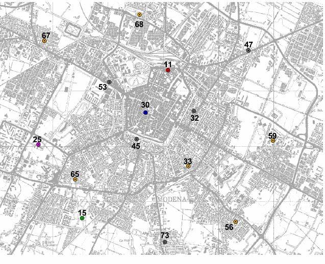 1.7 Campagna di Monitoraggio del Benzene nel Centro Urbano di Modena La determinazione del Benzene nel Comune di Modena è stata eseguita nel 7 in 15 punti della città definiti in base ai risultati