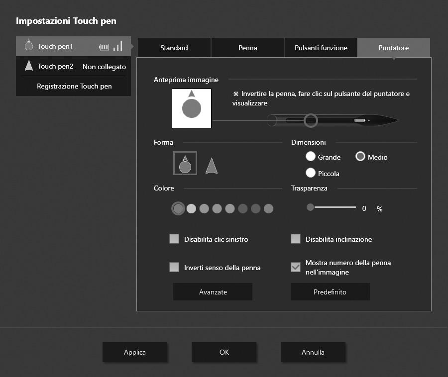 Puntatore Anteprima immagine Mostra l icona puntatore attualmente impostata. Forma Impostare la forma del puntatore. Dimensioni Impostare le dimensioni del puntatore.