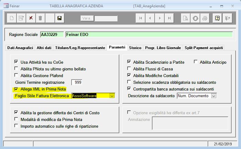 NUOVA PROCEDURA DI IMPORTAZIONE XML IN PRIMA NOTA DIOGENE - Nuovi campi in Anagrafica Azienda Archivi Tabelle di Configurazione Anagrafica azienda Scheda Parametri Viene data la possibilità di