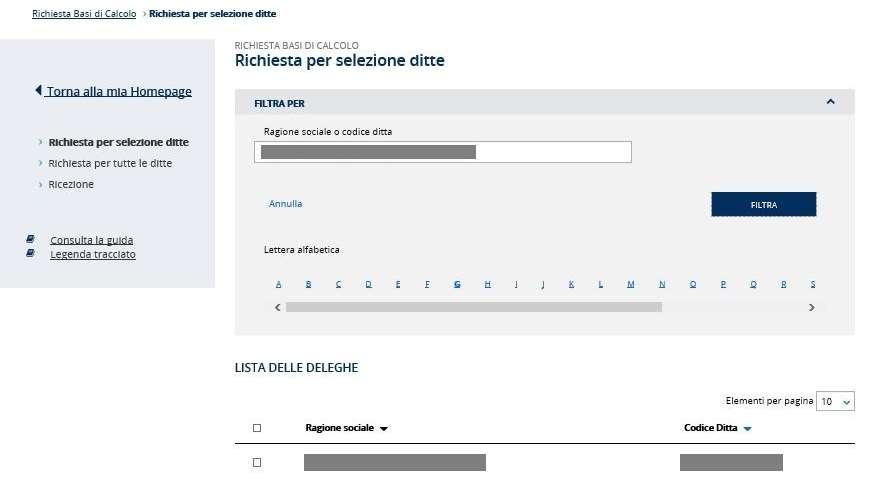 Selezionando una lettera dell alfabeto l applicazione consente di filtrare le ditte in delega sulla base dell iniziale selezionata (Figura 3.3). Figura 3.