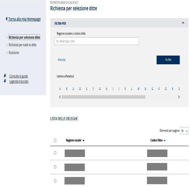 Per ogni ditta vengono visualizzate le seguenti informazioni: casella di spunta che permette all'utente di selezionare la singola ditta; ragione sociale; codice ditta.