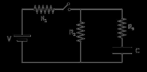 Nel circuito in Figura si hanno R1 = 850 W, R = 50W, R3 = 750W, C = 150 mf, V = 1 V.