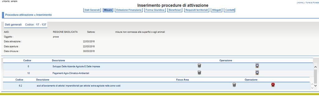 sottomisura occorre selezionare le righe interessate e selezionare il tasto Salva.