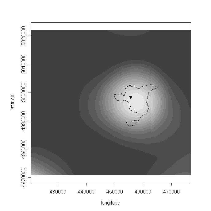 Studio caso-controllo: controllo: kernel density estimation Variazione spaziale (contour plot) del rischio di MM in un area di ~50 km intorno a Casale Rischio stimato come rapporto fra le superfici