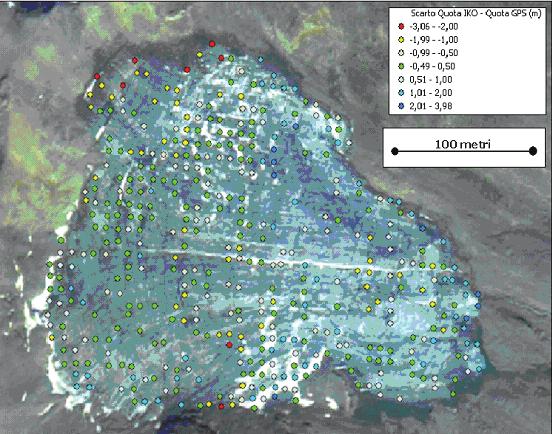 Figura 7: Scarto fra quota stimata con IKONOS e quota misurata con GPS-RTK per i 428 punti quotati individuati tramite stereorestituzione automatica sul Ghiacciaio Alpe Sud.