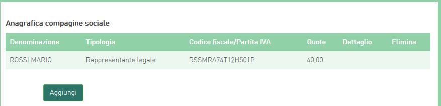 Figura 17 Elenco soci compagine Cliccando su Aggiungi l utente potrà inserire gli altri soci della compagine, selezionando tra persona fisica, persona giuridica e Ente pubblico (Figura 18).