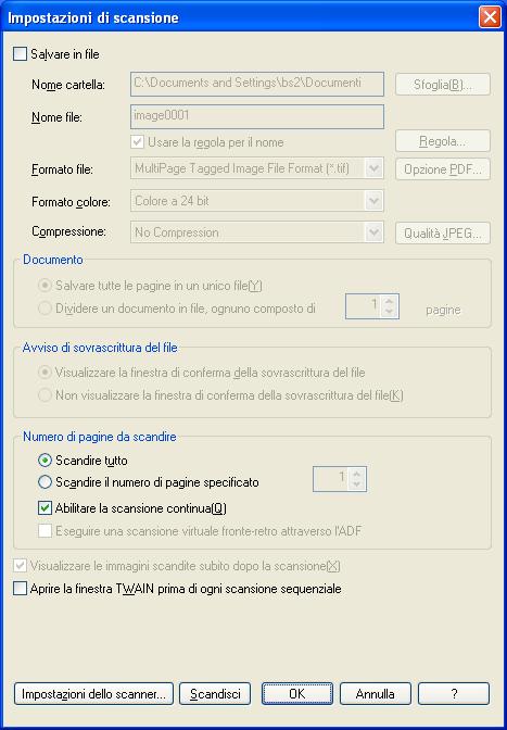 9. Nella finestra [Impostazioni di scansione], deselezionare la casella di spunta [Salvare in file]. 12. Nella finestra di dialogo [Impostazioni di scansione] cliccare il tasto [Scandisci].