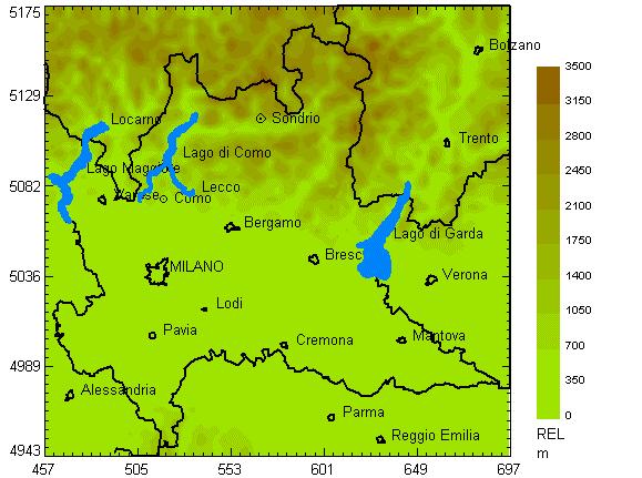 2. I dati utilizzati Il sistema modellistico è stato applicato ad un dominio di calcolo di 236x244 km 2 centrato sulla Regione Lombardia (figura 2.