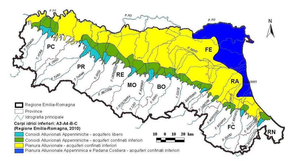 la profondità, e le porzioni confinate inferiori delle conoidi alluvionali e del corpo idrico di pianura alluvionale. Sono anche in questo caso riportate le conoidi montane e le sabbie gialle.
