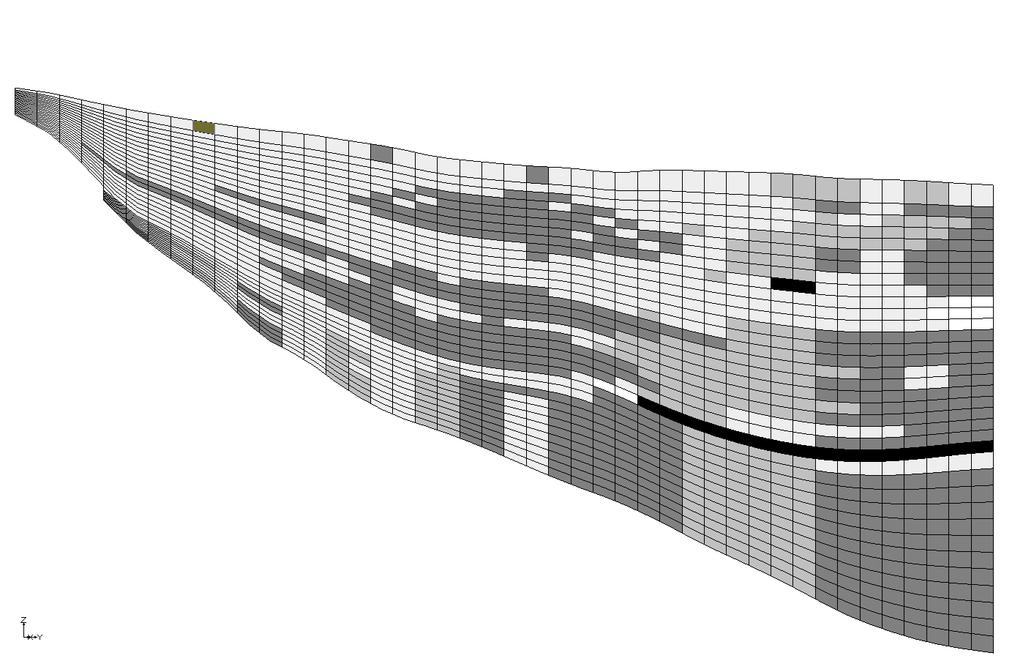 Figura 2.45: distribuzione della permeabilità orizzontale a fine taratura lungo una sezione trasversale della conoide del Secchia (J22).