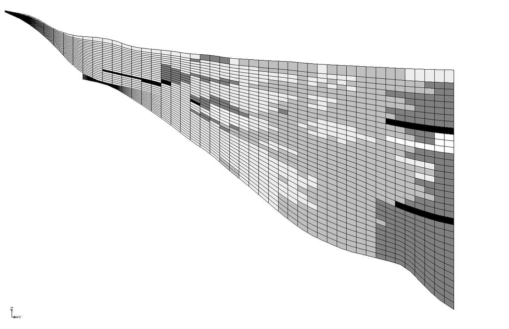 Figura 2.47: distribuzione della permeabilità orizzontale a fine taratura lungo una sezione trasversale della conoide del Panaro (J60). Figura 2.