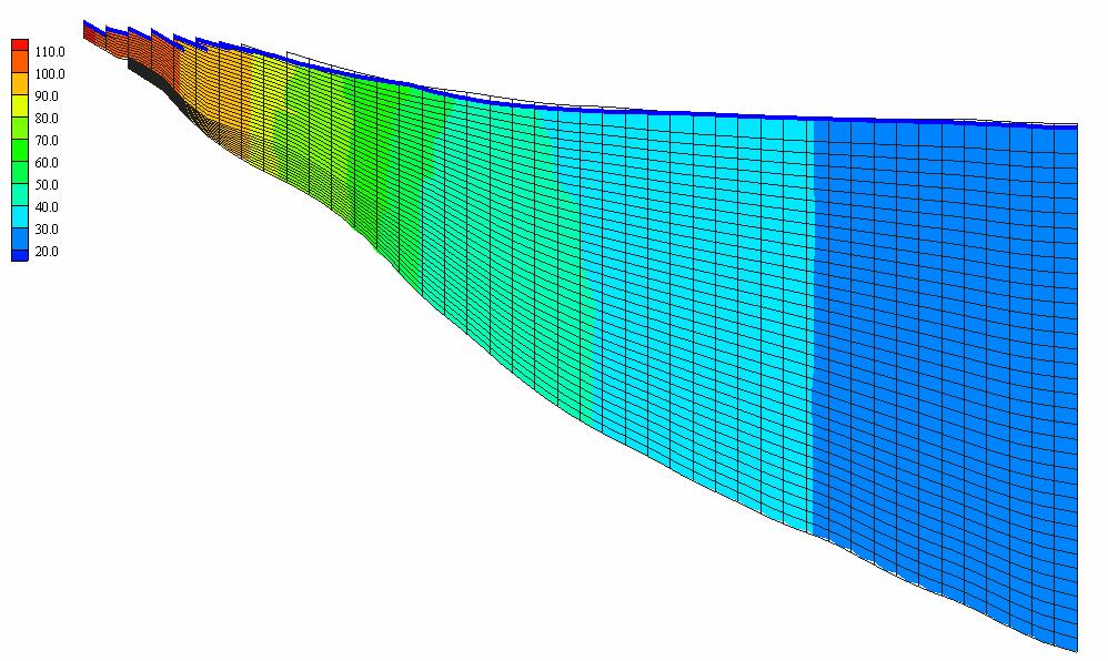 Figura 2.53: distribuzione dei carichi idraulici (m s.l.m.) :esempio di visualizzazione in sezione trasversale (J24) sulla conoide del Secchia - stress period 13.