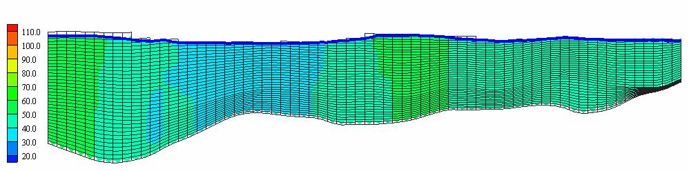 Figura 2.56: distribuzione dei carichi idraulici (m s.l.m.) :esempio di visualizzazione in sezione trasversale (J64) sulla conoide del Panaro - stress period 1.