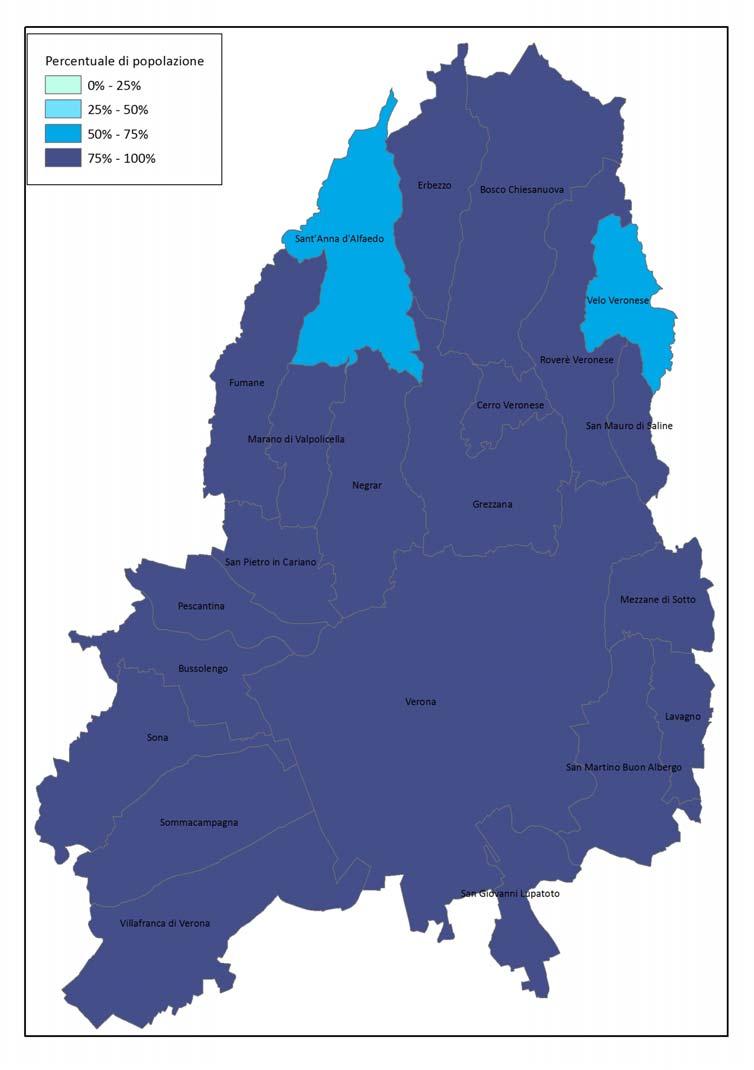 La figura seguente riporta in scala di colori i dati di percentuale di popolazione servita da acquedotto per l area in esame come già riepilogato nella tabella