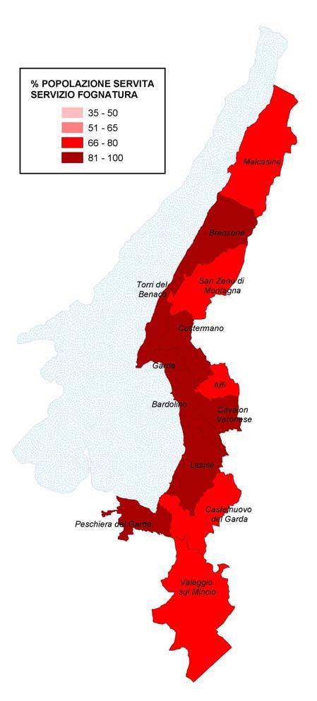 Figura 15 - Agglomerato 29075 Peschiera del Garda: perimetrazione dell agglomerato e percentuale di popolazione servita nei comuni interessati Il territorio da allacciare alla rete fognaria, ovvero l