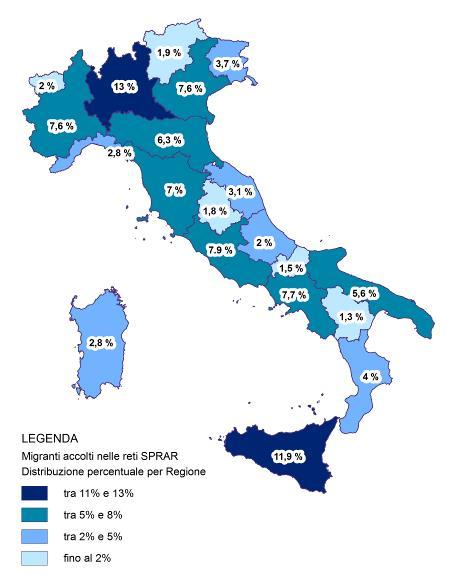 Presenza e caratteristiche socio-demografiche 15 Mappa 1.3.1 Distribuzione regionale dei migranti accolti (v.%).