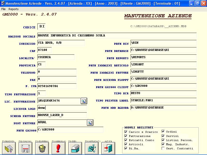 COME ATTIVARE GM2000 Quando viene eseguito GM2000, sul menu principale, in basso oltre ai dati fiscali dell azienda