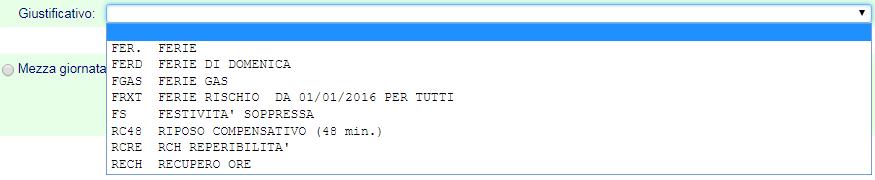 Giornata Mezza giornata Numero Ore Da ore A ore Indica la modalità di fruizione del giustificativo. Selezionare la modalità di fruizione del giustificativo.